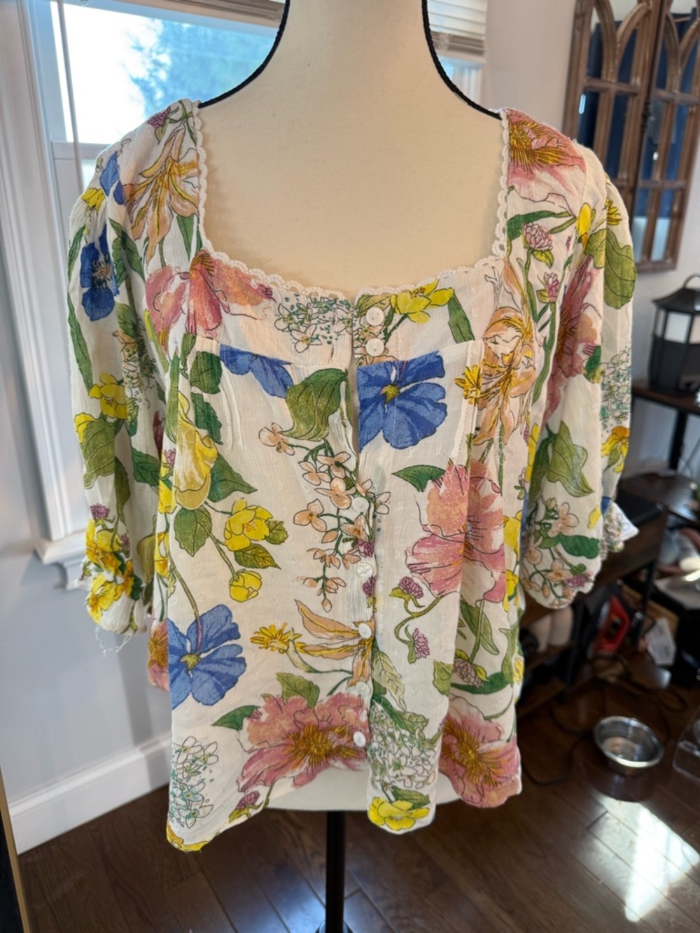 Laura Ashley White Floral Button-Front Blouse with Blue, Pink & Yellow Print Lg